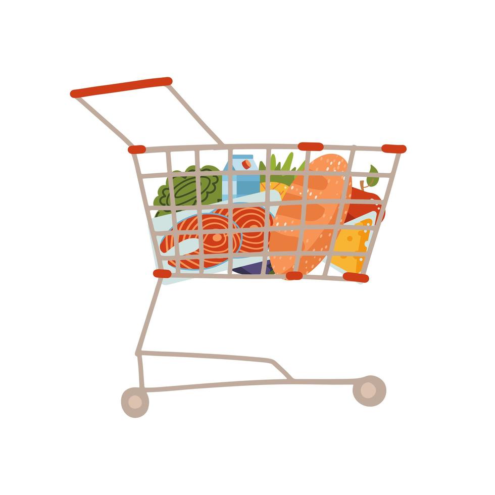 Shopping trolley full of food, fruit, products, grocery goods. Grocery shopping cart. Buying food in supermarket concept. Vector flat hand drawn illustration for advertising banner .