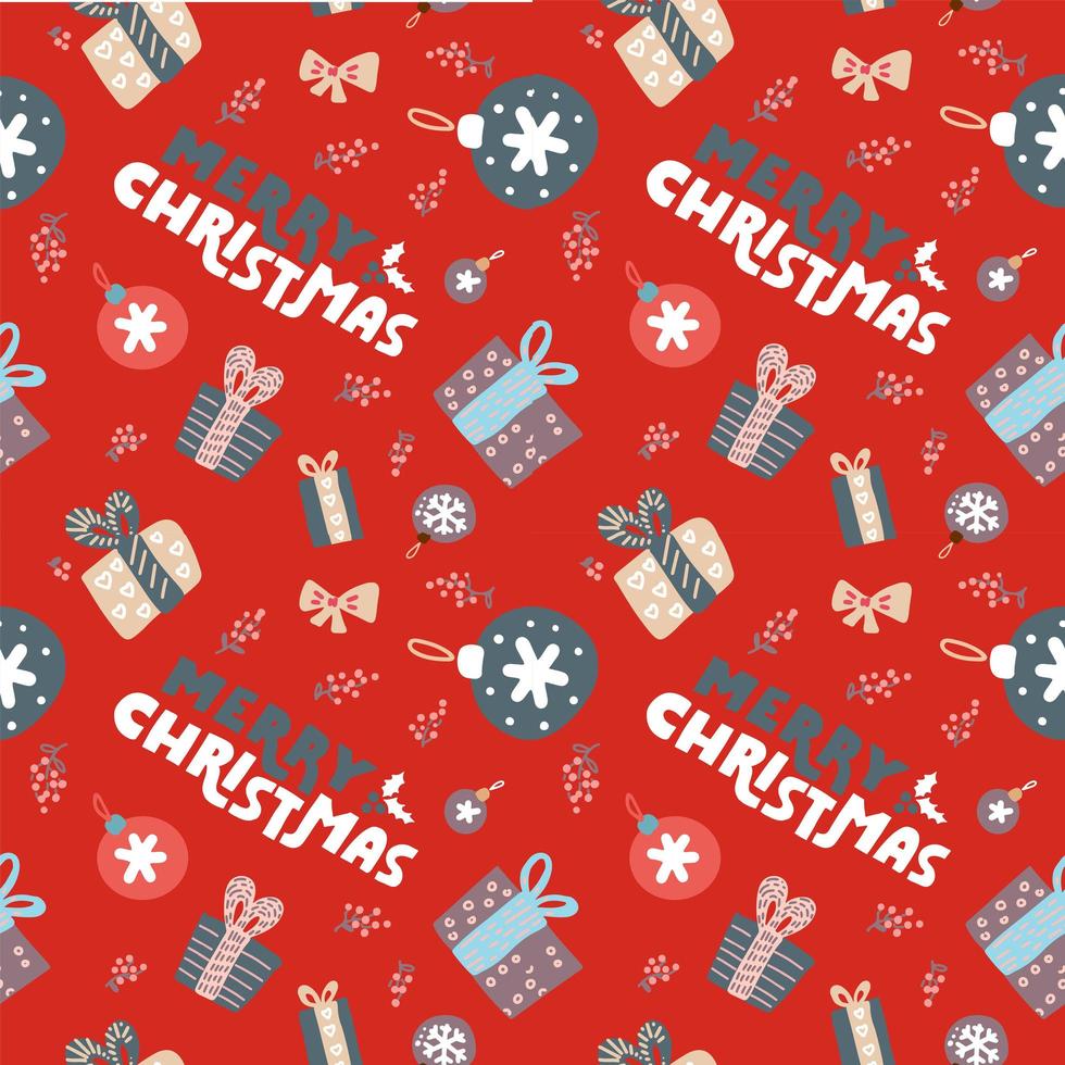 Winter seamless pattern with hand written typography and Christmas cartoon elements. Cute vector background with gift boxes, balls, berries. Red repeating texture for New Year holidays.