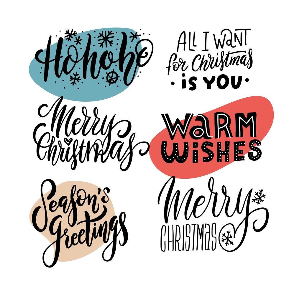 Xmas Hand Drawn Emblems Set. Merry Christmas Lettering for Leaflet, Flyer, Advertising Invitation. Vector illustration