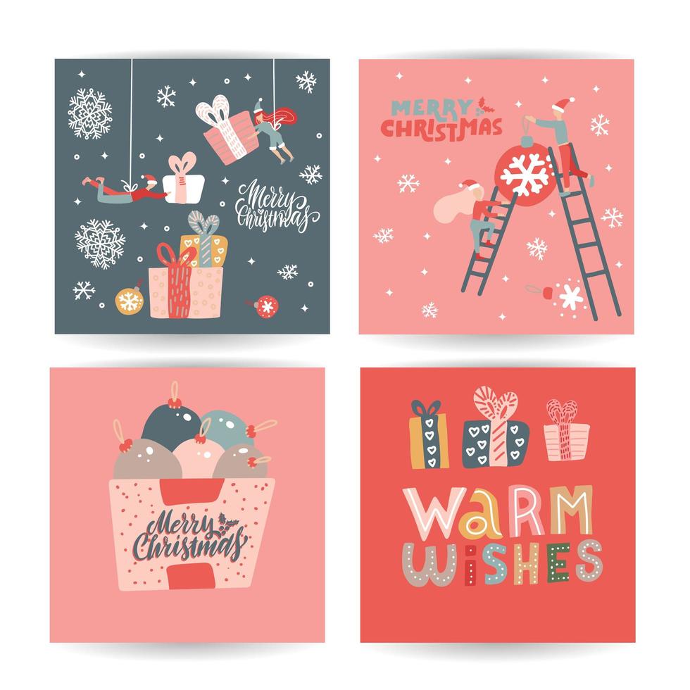 Set of Cute hand drawn doodle Christmas cards, brochures, postcards with christmas tree balls, presents, snowflakes, snow, little people. Christmas holiday background, elements with hand lettering. vector