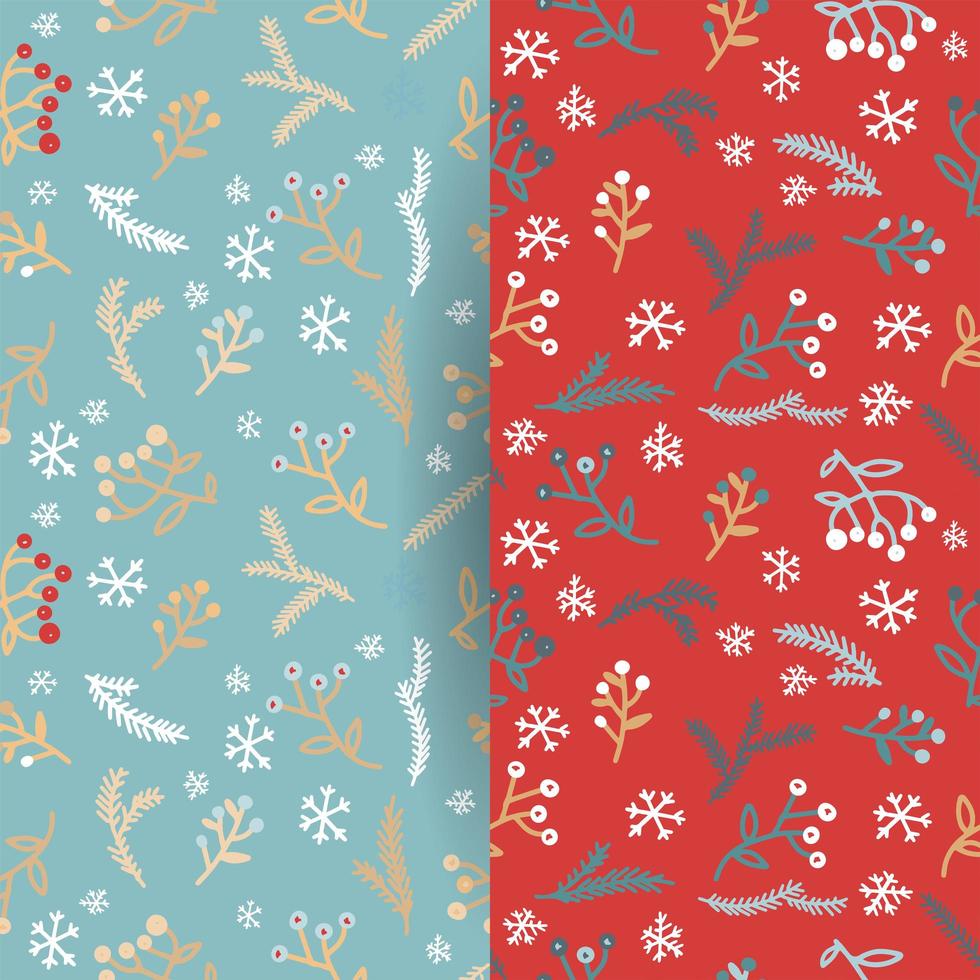 Set of floral Christmas seamless pattern. Digital hand drawn of winter elements Red berry,snow and christmas pine branches in the clean doodle and modern surface pattern. vector