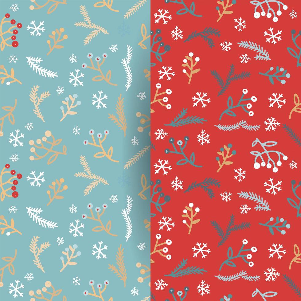 conjunto de patrones sin fisuras florales de Navidad. dibujado a mano digital de elementos de invierno bayas rojas, nieve y ramas de pino de navidad en el garabato limpio y el patrón de superficie moderno. vector