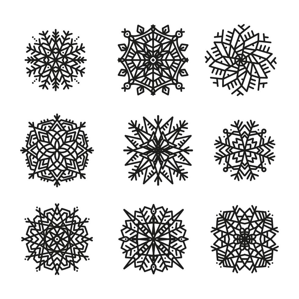 Vector snowflake laser cut template. Cutout pattern of Christmas or New Year decoration. Background illustration for greeting card, banner and holiday media. Set of complex symmetrical snowflakes