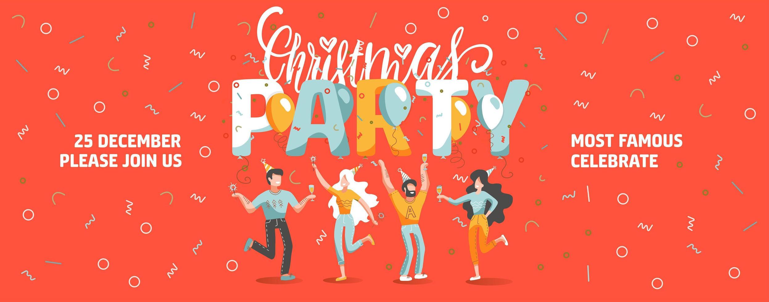 Vector invitation ticket template to Christmas party with funny people dancing and drinking wine. New Year banner with lettering text.