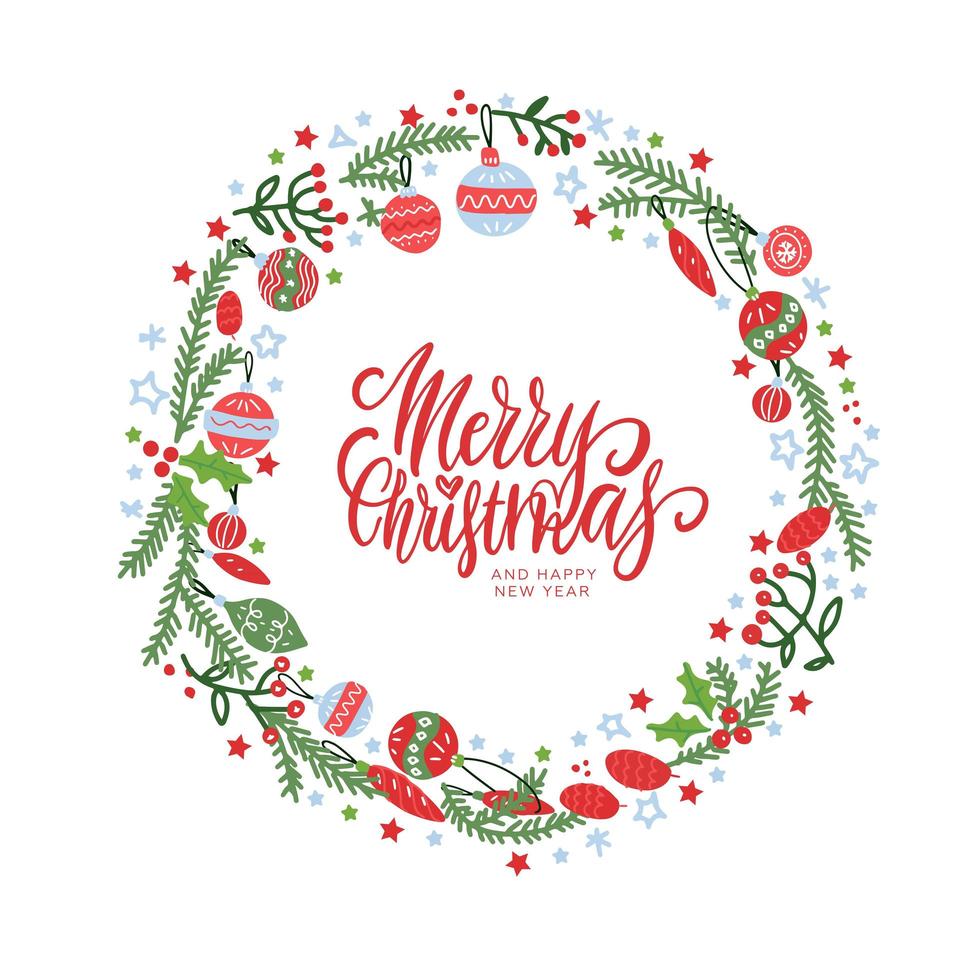 Christmas wreath with berries, spruce branches, leaves and snowflakes on white background. Hand drawn circle frame. Perfect for holiday greeting cards vector