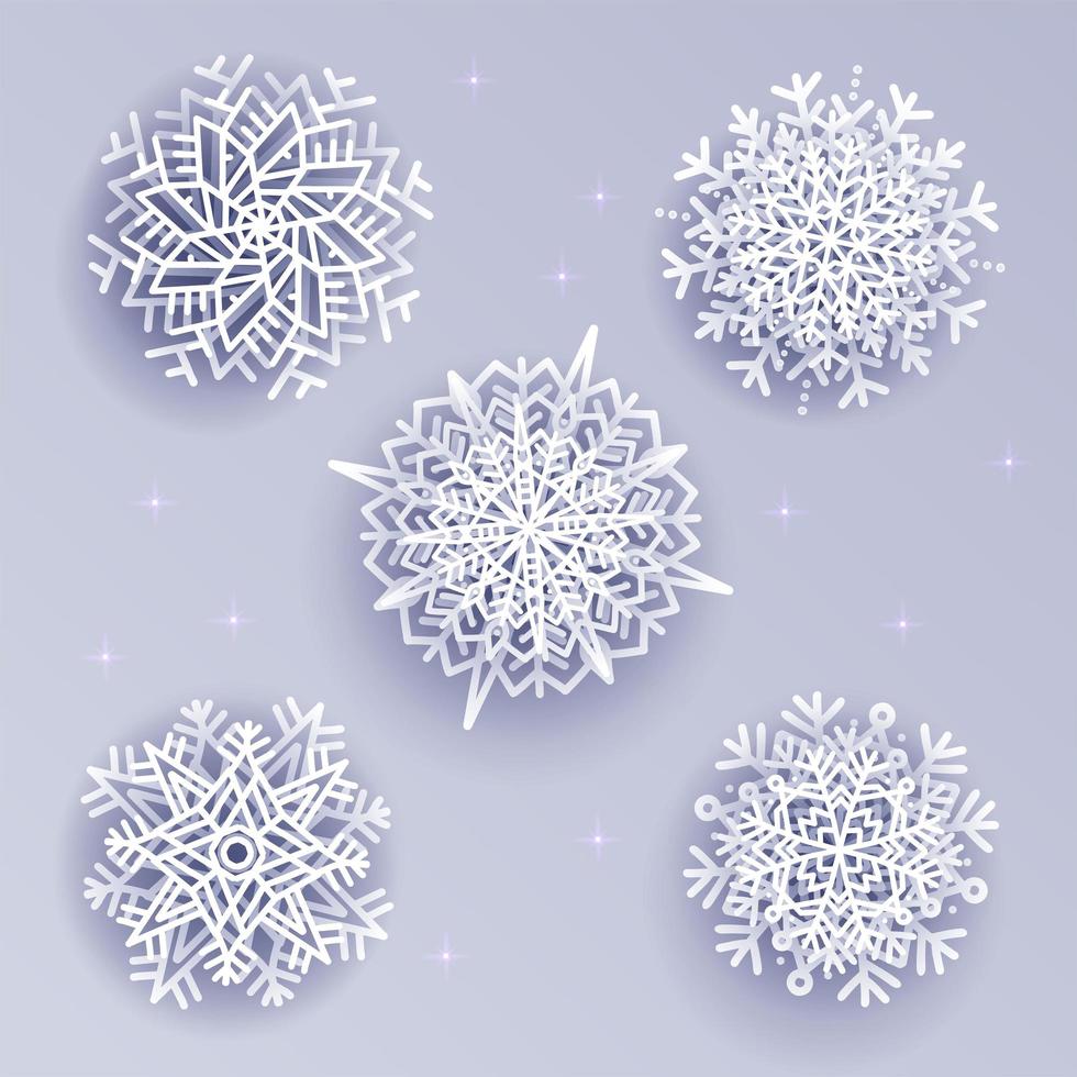 Snowflakes set in Volume 3d style on white silver background. Ice crystal with shadows. Vector winter design element for you Christmas and New Year s projects