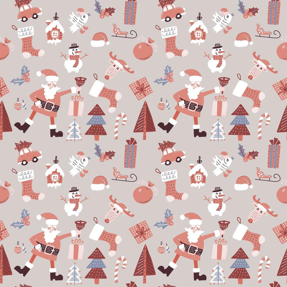 Doodle Merry Christmas seamless pattern with Santa Claus, bird, candies and toys. Seamless pattern for wallpapers, pattern fills, web page backgrounds. Flat hand drawn vector illustration.
