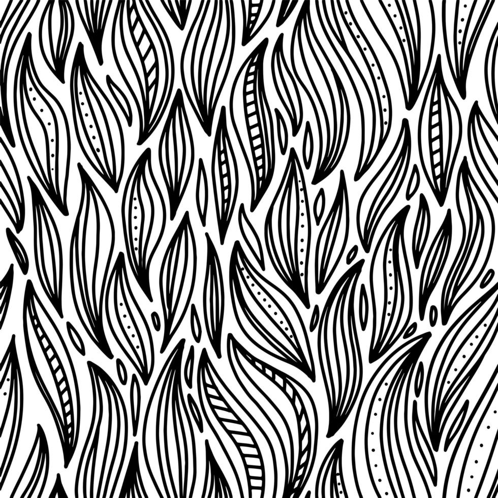 Abstract vector seamless floral background of doodle hand drawn lines. Monochrome wave pattern. Coloring book page. Black and white wallpaper. Vector design.