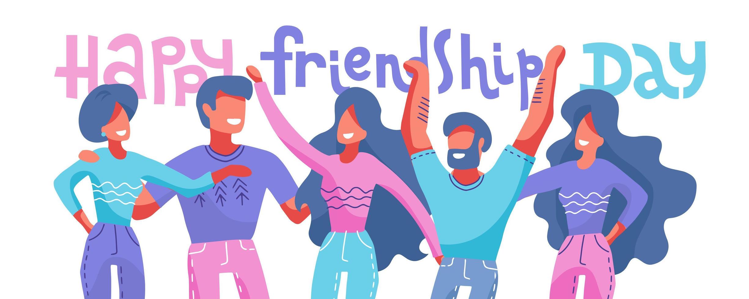 Happy friendship day web banner with diverse friend group of people hugging together for special event celebration. Vector flat hand drawn illustration with lettering quote