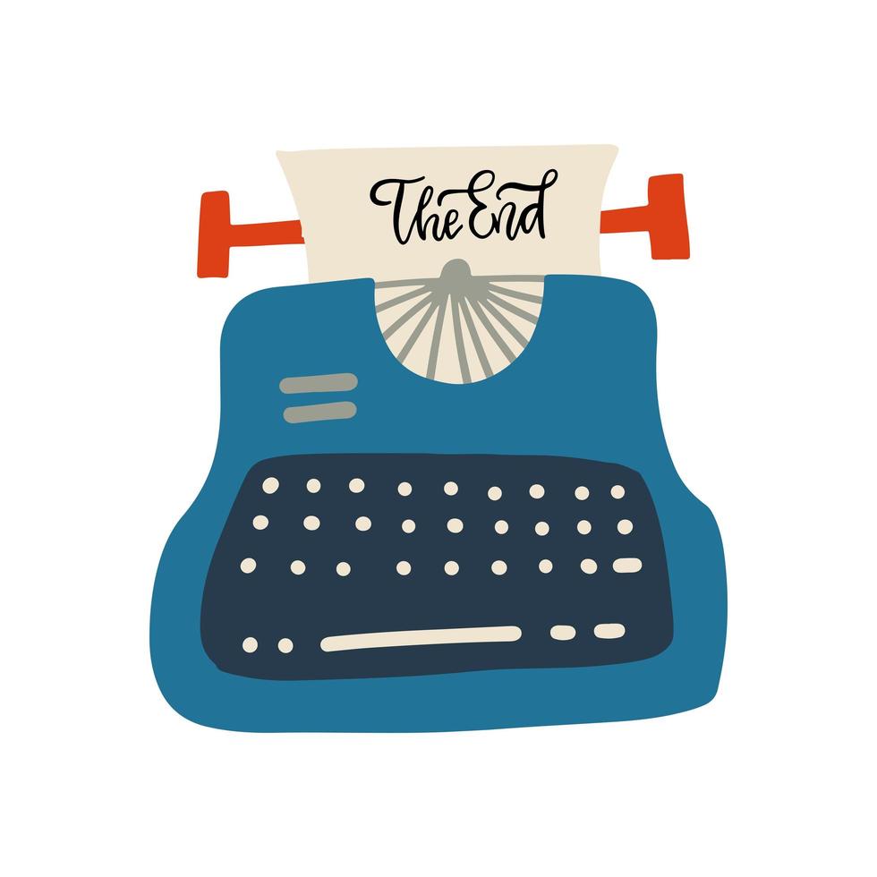 The End lettering concept. Phrase on sheet of paper in vintage typewriter. Flat vector hand drawn illustration.