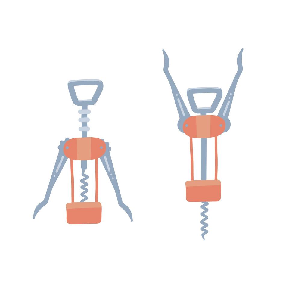 Automatic corkscrew for opening bottles of wine. A set of cork screw in different positions - open the bottle and pull out the wine cork, uncork instructions. Vector flat hand drawn illustration