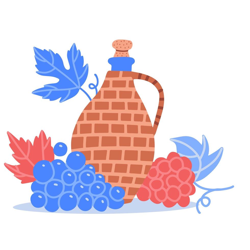 A bottle of wine in wicker basket and grapes. Still-life concept. Flat hand drawn vector illustration.