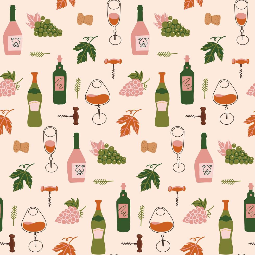 Modern flat design wrapping paper seamless pattern featuring different wine bottles with grapes, wine glasses and corkscrew. Flat hand drawn vector illustration.