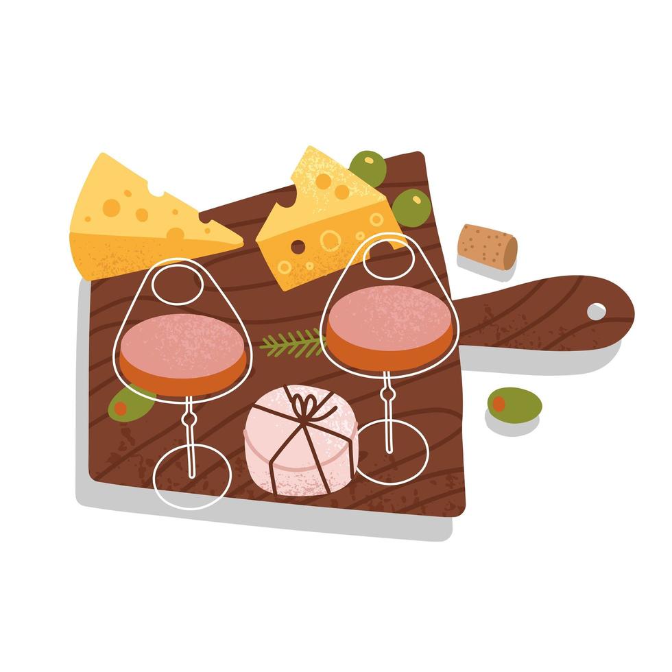 Wina and cheese party concept. Glasses of red wine with brie and grapes. Appetizere on a wooden board. Flat vector Illustration on white background
