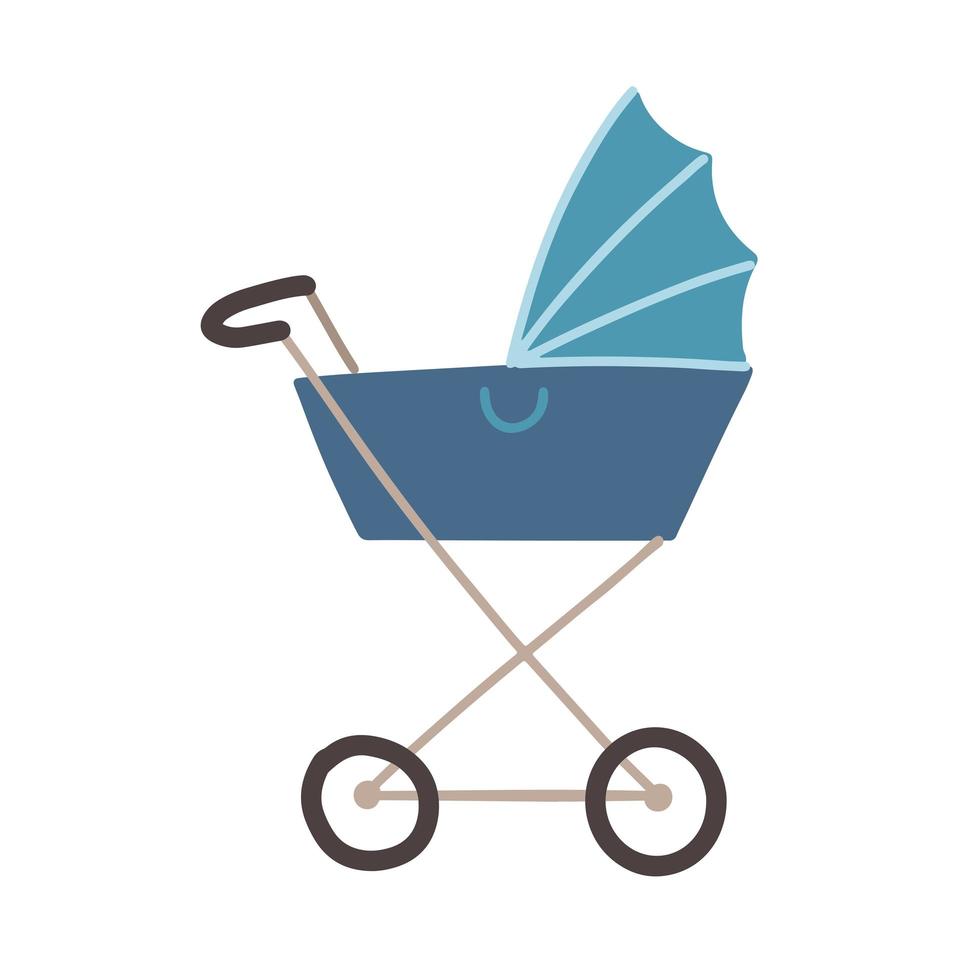 carro de bebé icono dibujado a mano plana. vista lateral del cochecito aislado en un fondo blanco. ilustración de color vectorial. vector