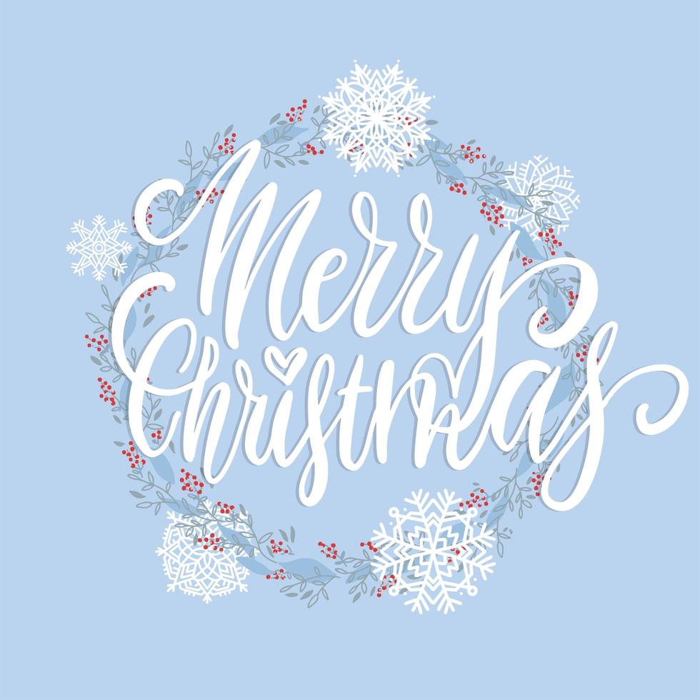 Merry Christmas brush lettering text decorated with hand drawn branches with red berries and snowflakes. Greeting card design element. Vector typography.