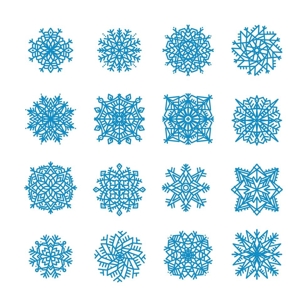 Big set of different vector snowflakes. Blue silhouette snow flake sign isolated on white background. Flat design. Symbol of winter Christmas, New Year holiday. Graphic element decoration