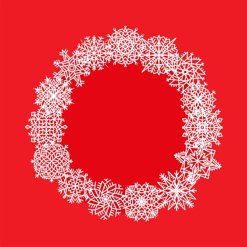 marco de copos de nieve de navidad dibujado a mano. corona de invierno vectorial para tarjetas de regalo, invitaciones navideñas sobre fondo rojo. vector