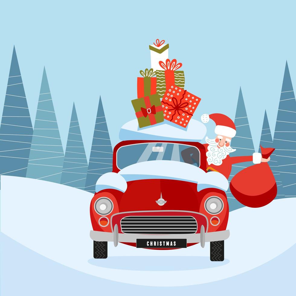 Cartoon Happy Santa Claus in retro car with gift boxes on roof. Stylish vector card for christmas design. Santa leaned out of a car window with bag of gifts. Template for Holiday Poster, greeting card