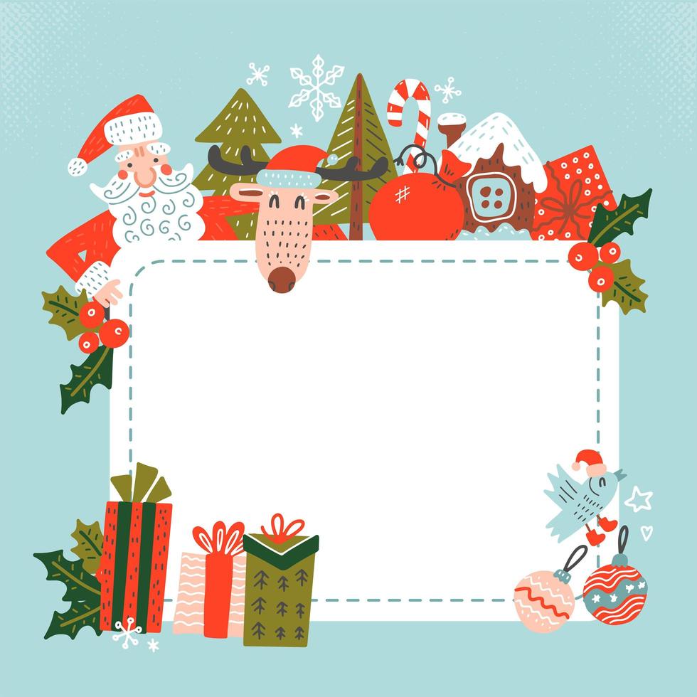 Santa Sign template. Santa Claus holding a blank sign. Frame decorated with xmas gifts and characters. Flat vector hand drawn illustration.