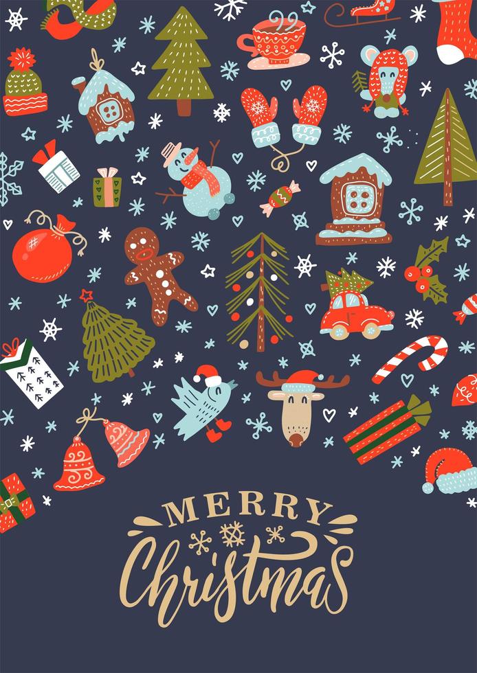 feliz tarjeta de felicitación navideña con decoración navideña y patrón de personajes con letras dibujadas a mano. vector