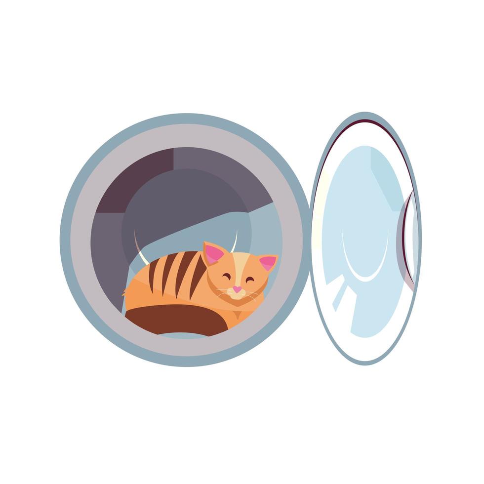 Cat in the washing machine drum. Cozy cat is naughty. Kitty inside laundry washer flat cartoon vector illustration isolated on white background. Joke element