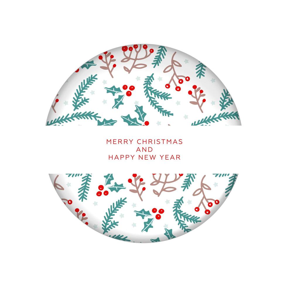 Christmas invitation or greeting card in paper cut style. Merry Christmas and New Year. Pattern with branches and berries. Layered concept with shadows. vector