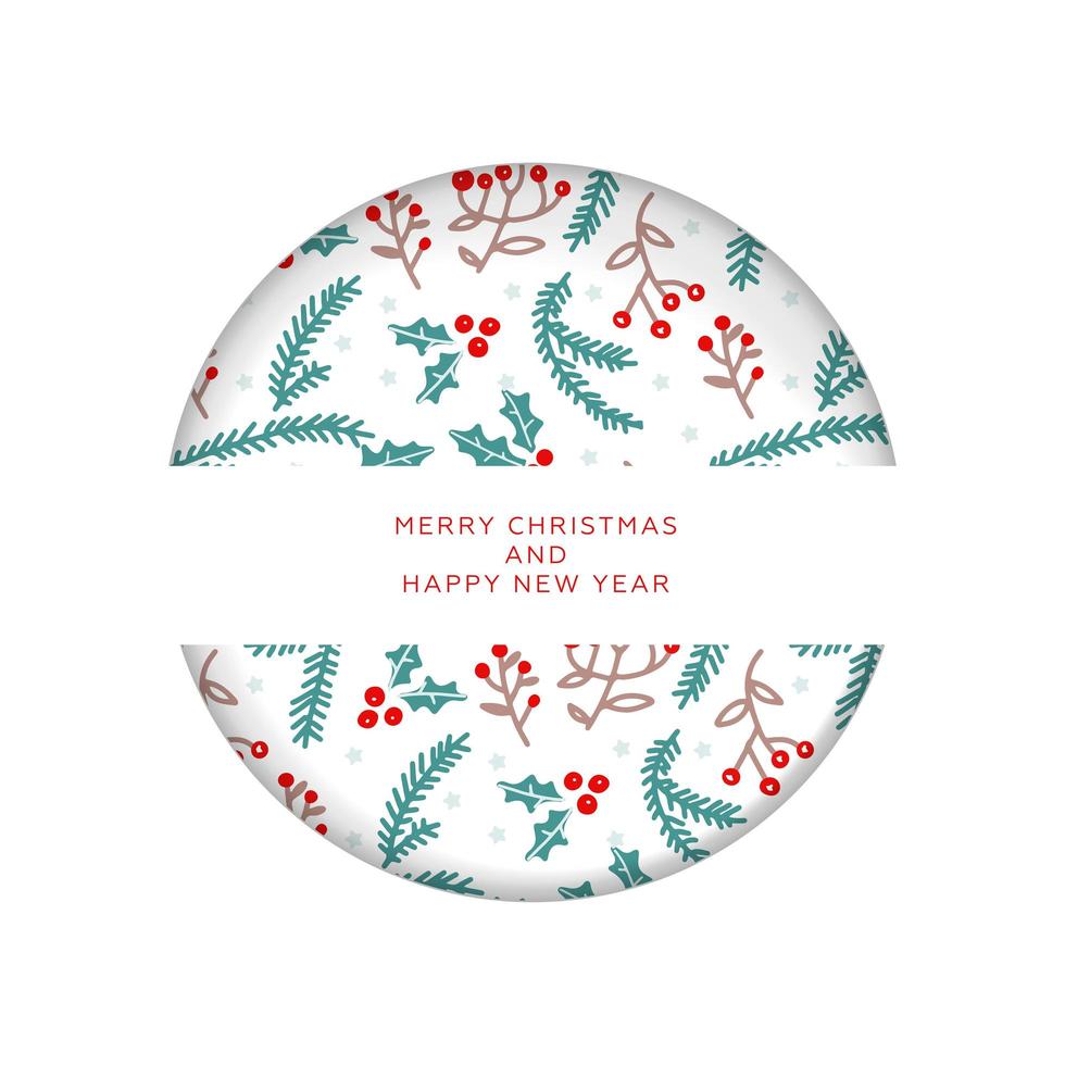 Christmas invitation or greeting card in paper cut style. Merry Christmas and New Year. Pattern with branches and berries. Layered concept with shadows. vector