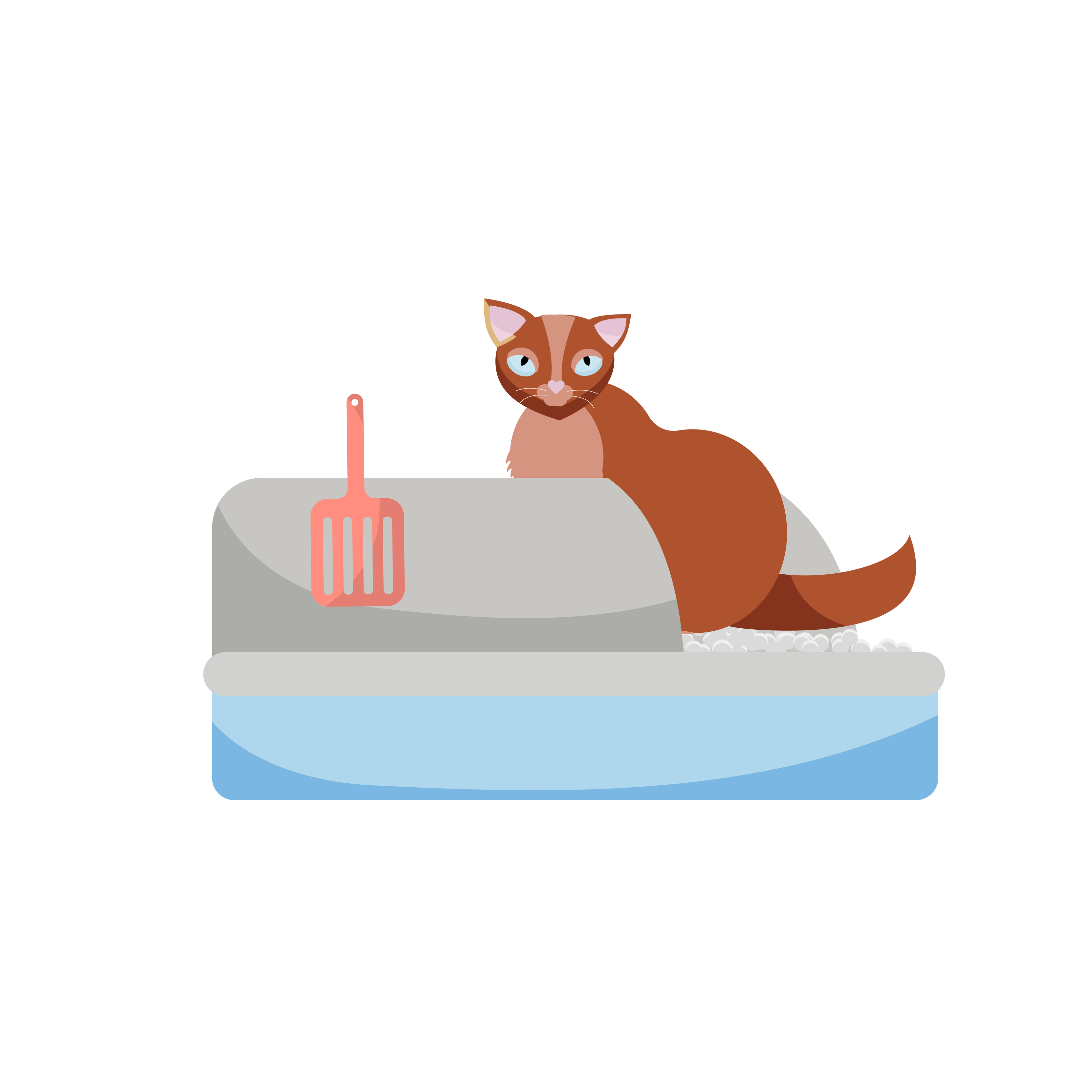 Cat sitting in litter box. Clipart image. Kitty that sits in a cat litter tray. Cat in the