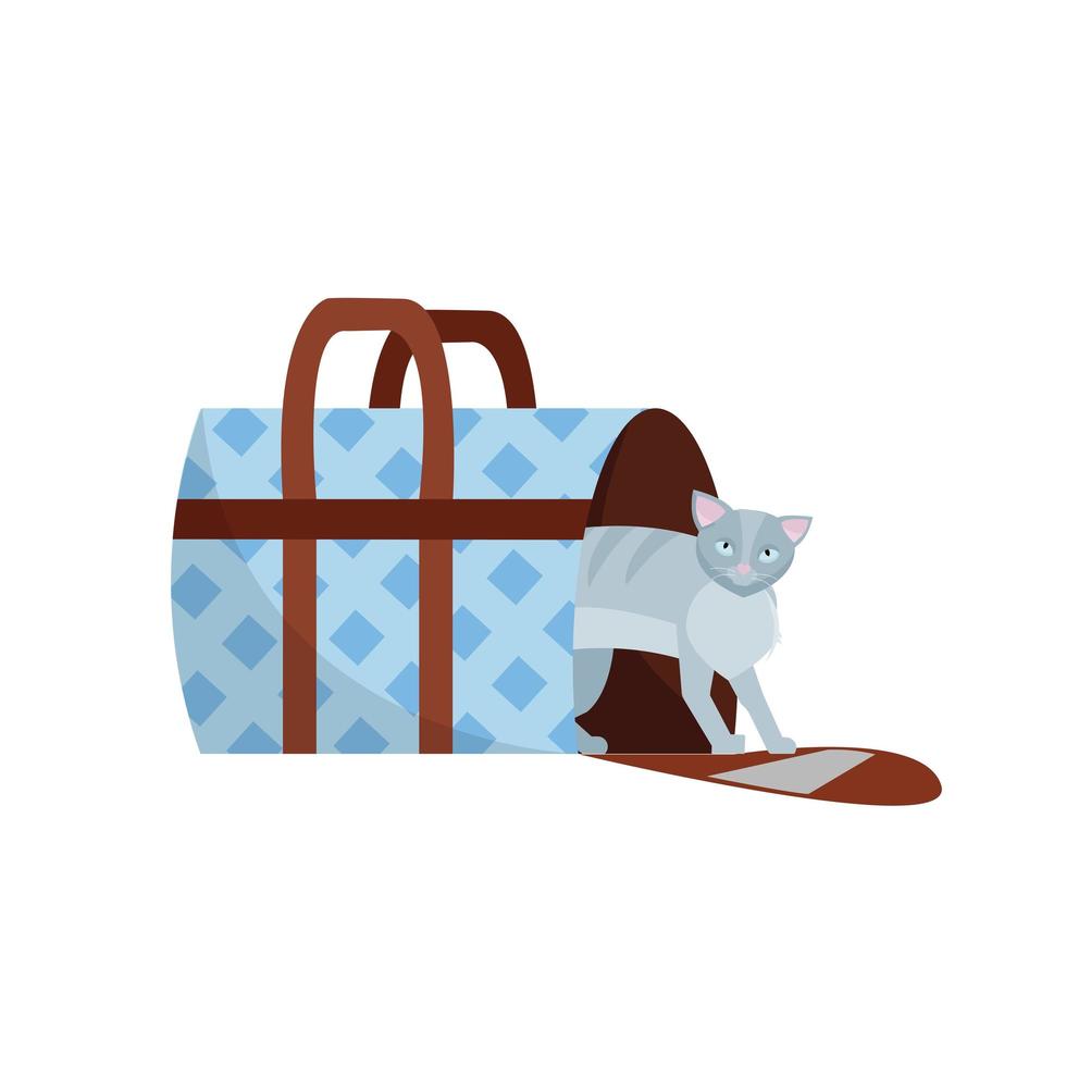 Travelling with pets. Vector illustration of cat in a bag and pet cage, carriage of cats. Textile carrying bag. Carrying case. Vector flat cartoon illustration