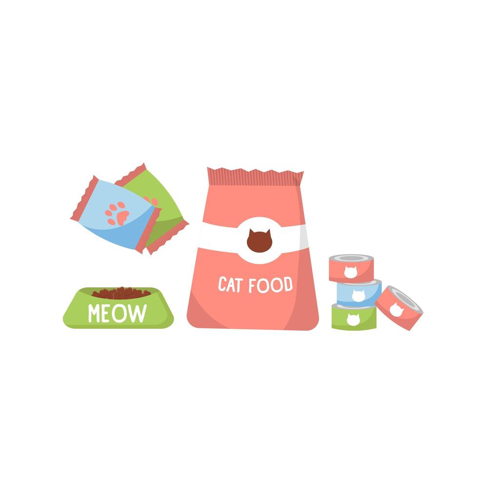 Pet food. Food for cats. Bowl, Packaging, Advertising. Vector simple cartoon flat illustration isolated on whita background. bowls with food