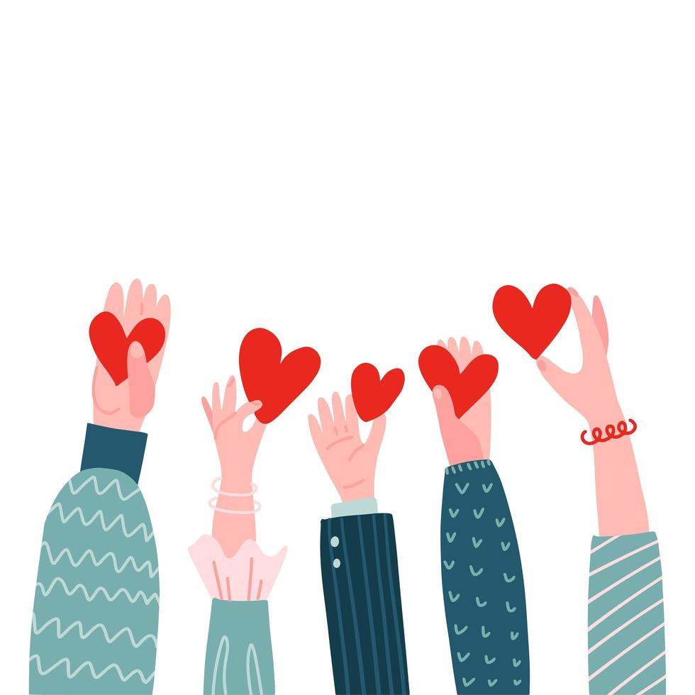 Charity concept. Many people Donators holding heart symbols in their hands. Vector flat illustration Isolated on white background. Volunteer Poster. Human helping. Healthcare. Valentine's day.