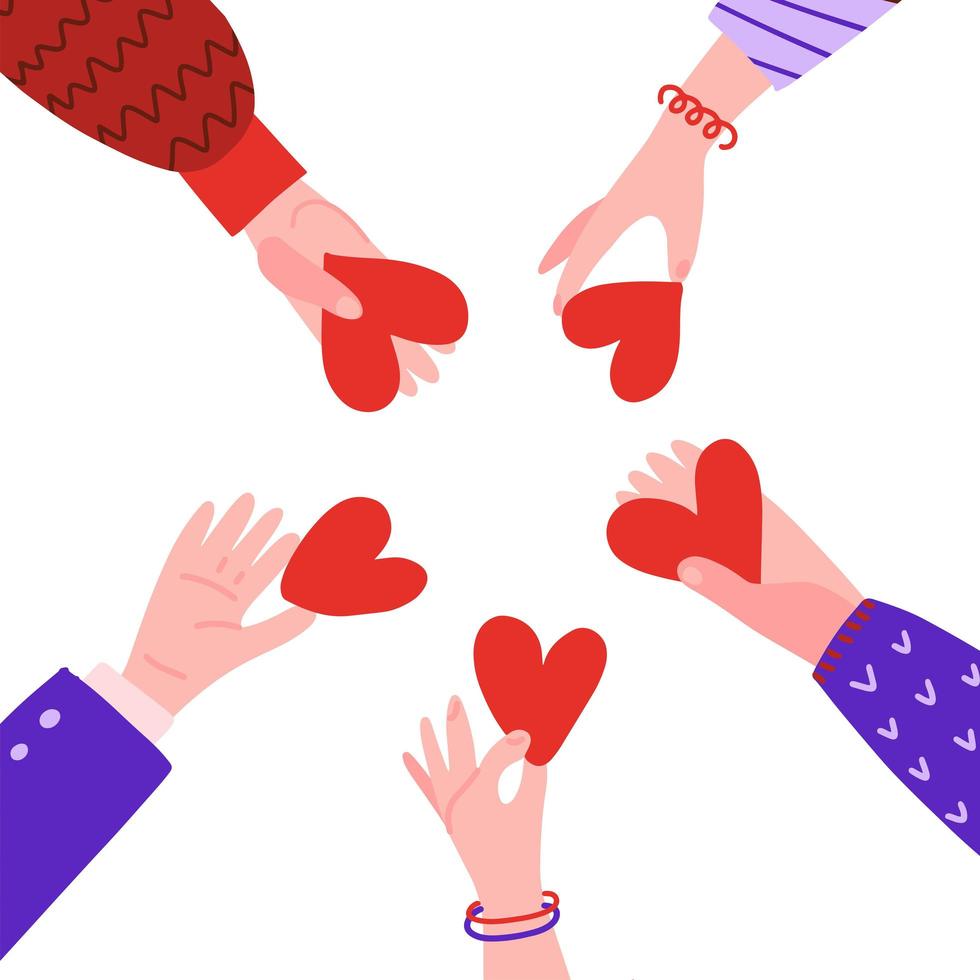 Hands in circle with hearts. Friendship concept. People holding hearts together. Characters palm with symbol of love ond frienship. Vector flat hand drawn illustration