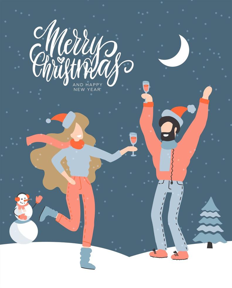 Christmas greeting card - Man and woman celebrating Xmas holiday. Couple in outerwear, in santa hats and scarves having hun at a New Year outdoor party. Vector hand drawn illustration