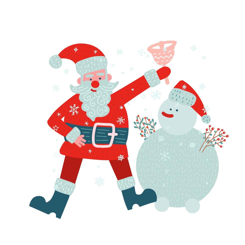 personajes navideños. santa claus está tocando la campana con sus amigos muñeco de nieve. feliz año nuevo concepto aislado. ilustración plana vectpr dibujada a mano en estilo garabato. vector