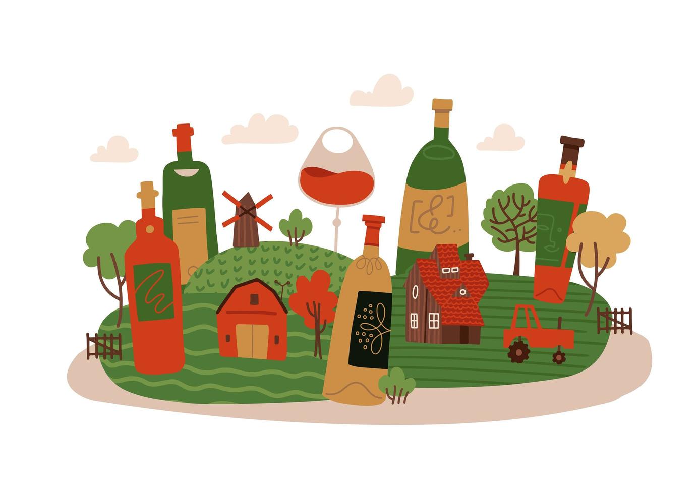 concepto cerativo aislado para el festival del vino nuevo en francia. botellas de vino en paisaje rural con pequeña casa, árboles y molino. ilustración dibujada a mano plana vectorial. vector
