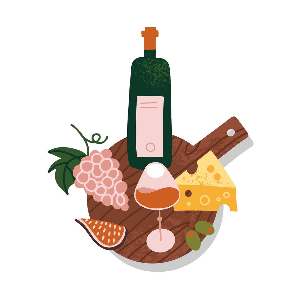 Still life with stylized french food and beverage. Cheese, grape, fig, wine bottle and glass on cutting board. Flat vector illustration with hand drawn textures.