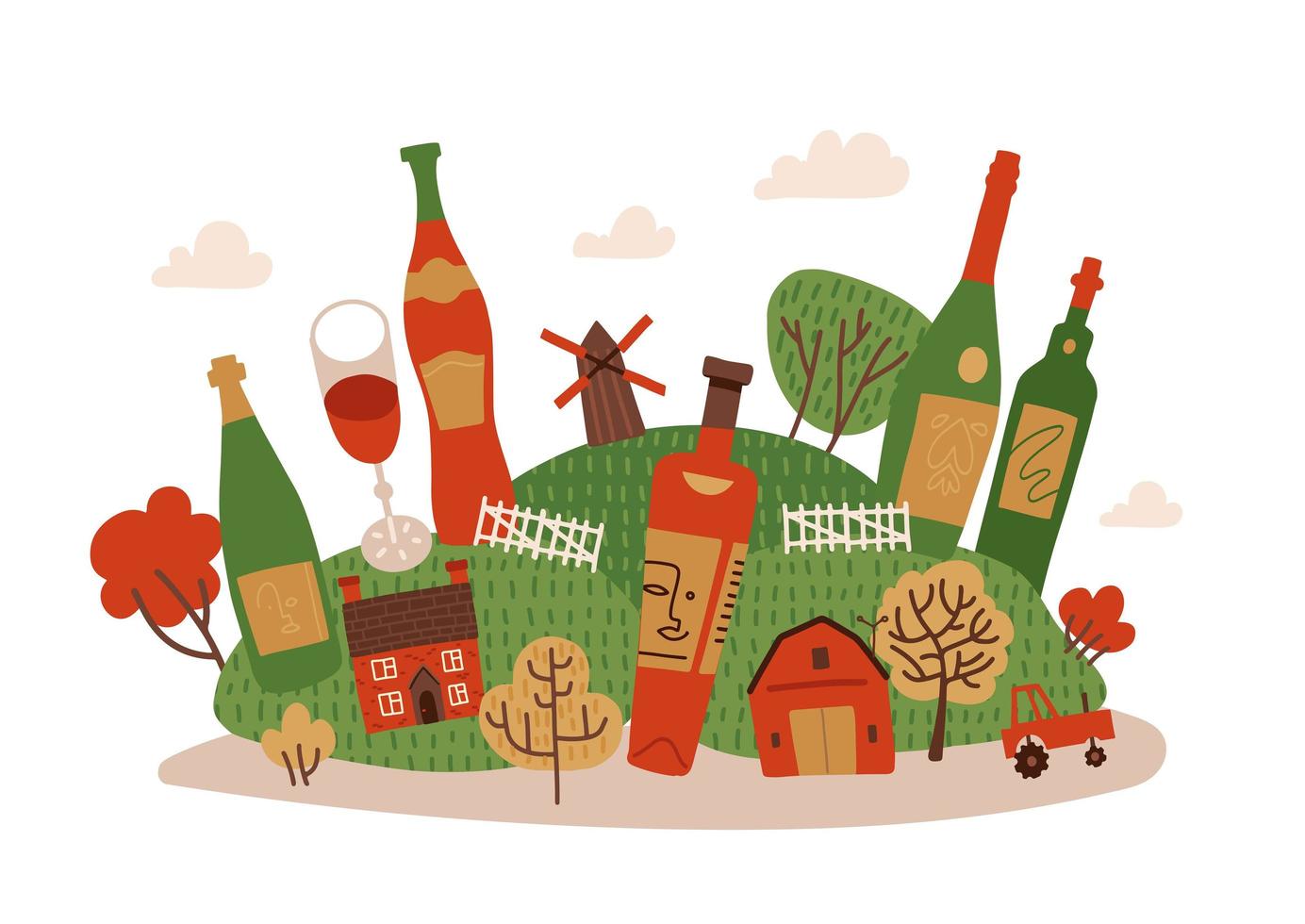 Cozy autumn village landscape with wine drinks. Huge bottles and wineglass between small houses and trees.. Vector flat hand drawn illustration.