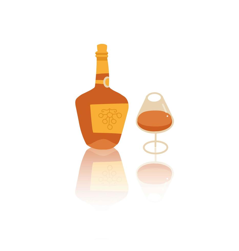 Bottle of Cognac with wineglass. Brandy, Whiskey reflection on the surface of the table. Hand drawn flat vector Illustration isolated.
