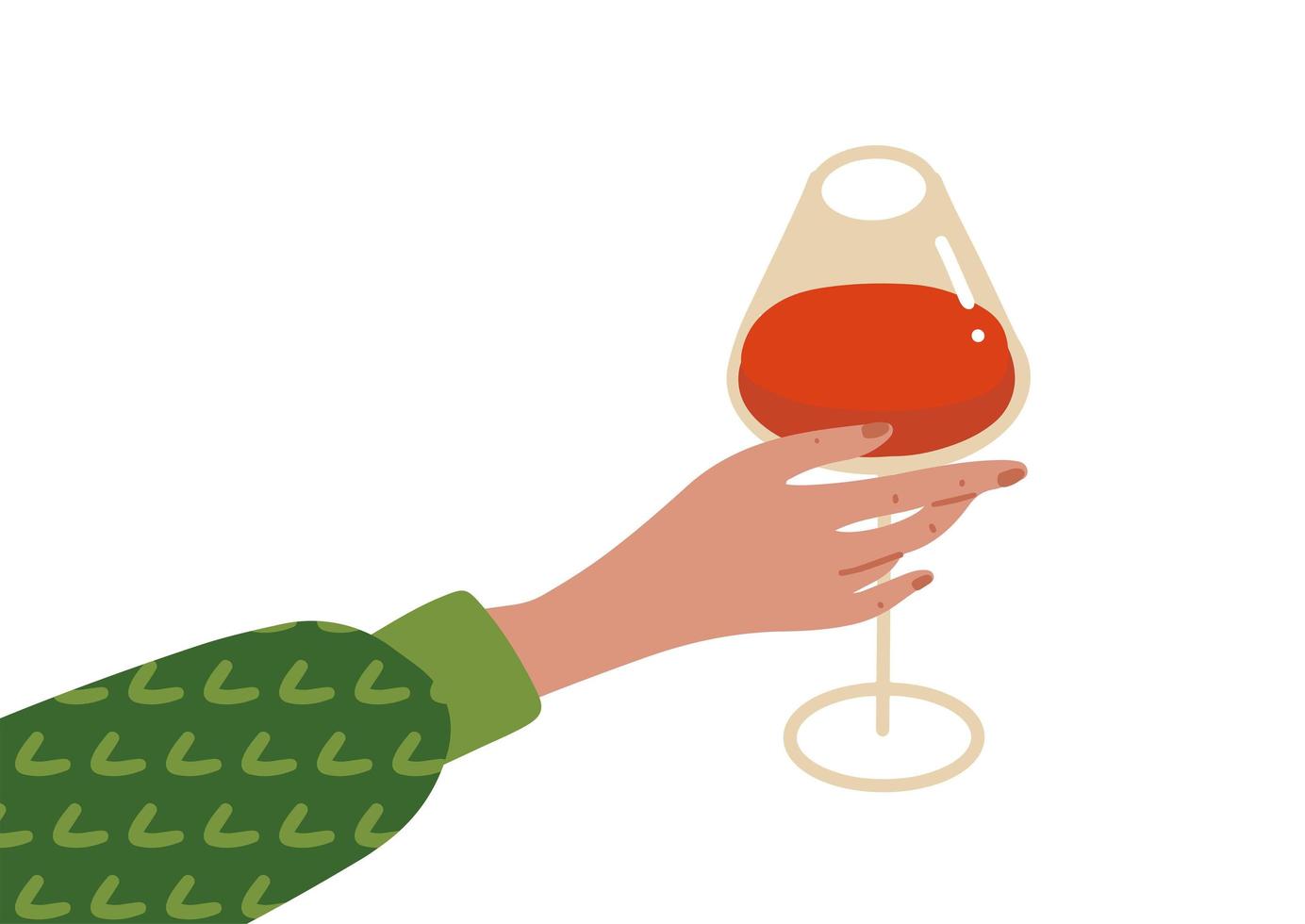 Bright hand holding red wine drink. Hand in knitted sweater with a glass of wine. Modern flat drawn Vector illustration.