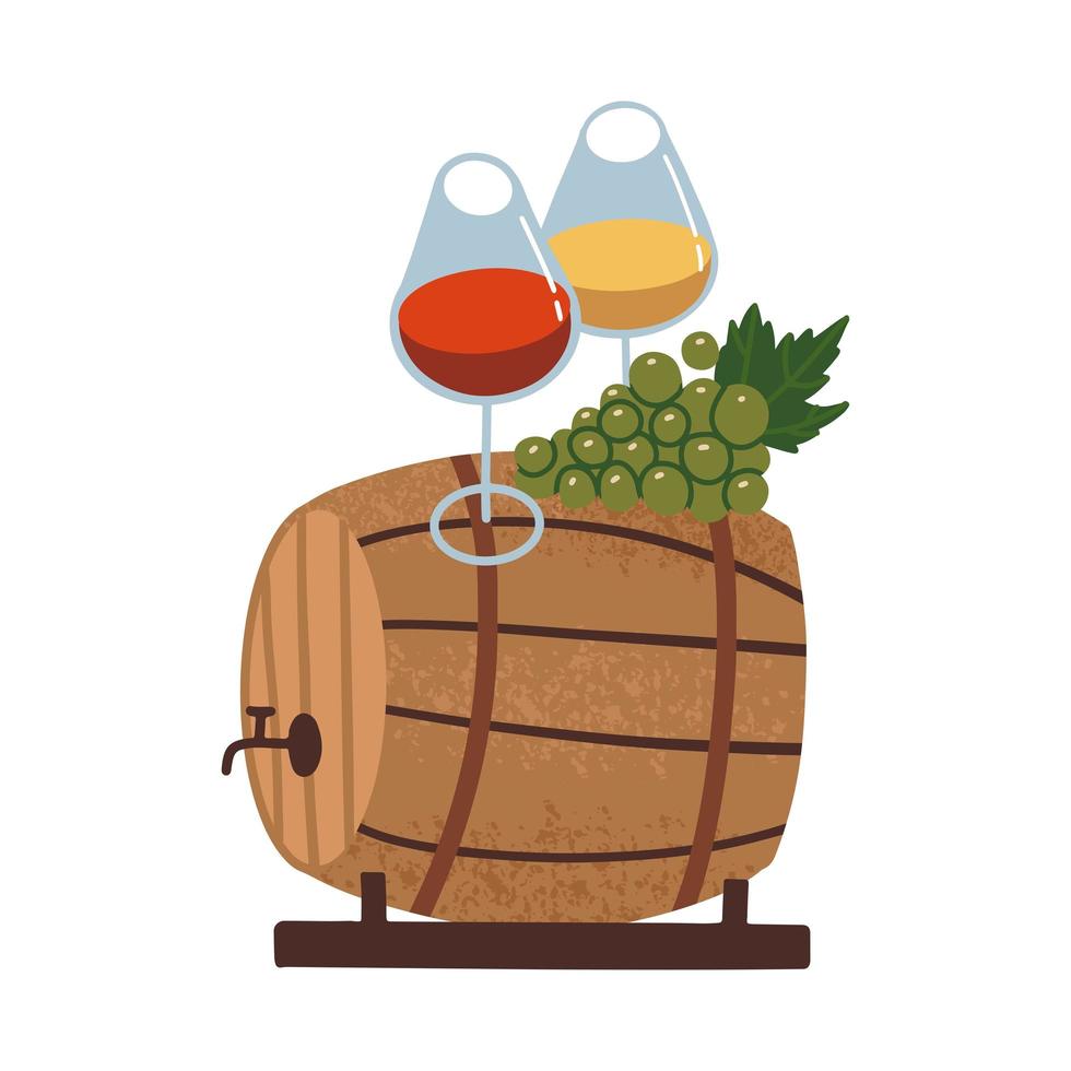 Wooden Barrel, two wine glasses with red and white wine, , grape bunch. Wine testing concept. Isolated textured Still life. Vector flat hand drawn illustration
