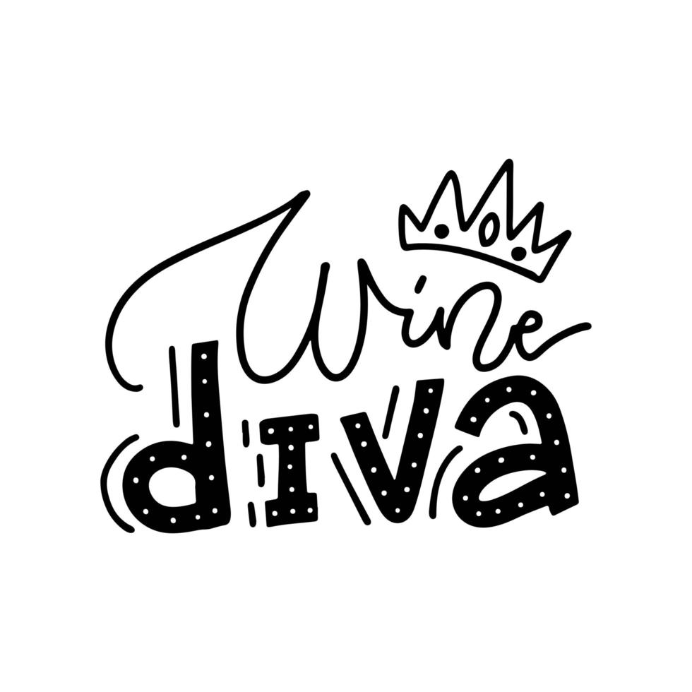 diva del vino - vino divertido, alcohol, diseño de bebida de letras woute con corona. superposición de ilustración tipográfica vectorial. vector