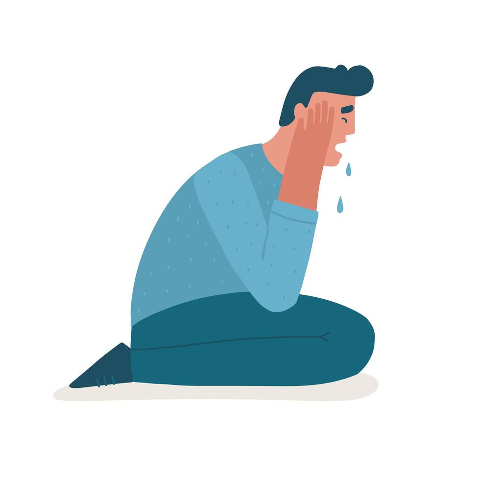 Guy crying and sobbing. Sad tired man suffers of depressive disorder, paranoia, stress, tears. Vector flat hand drawn illustration of mental problems. Metaphor of grief.