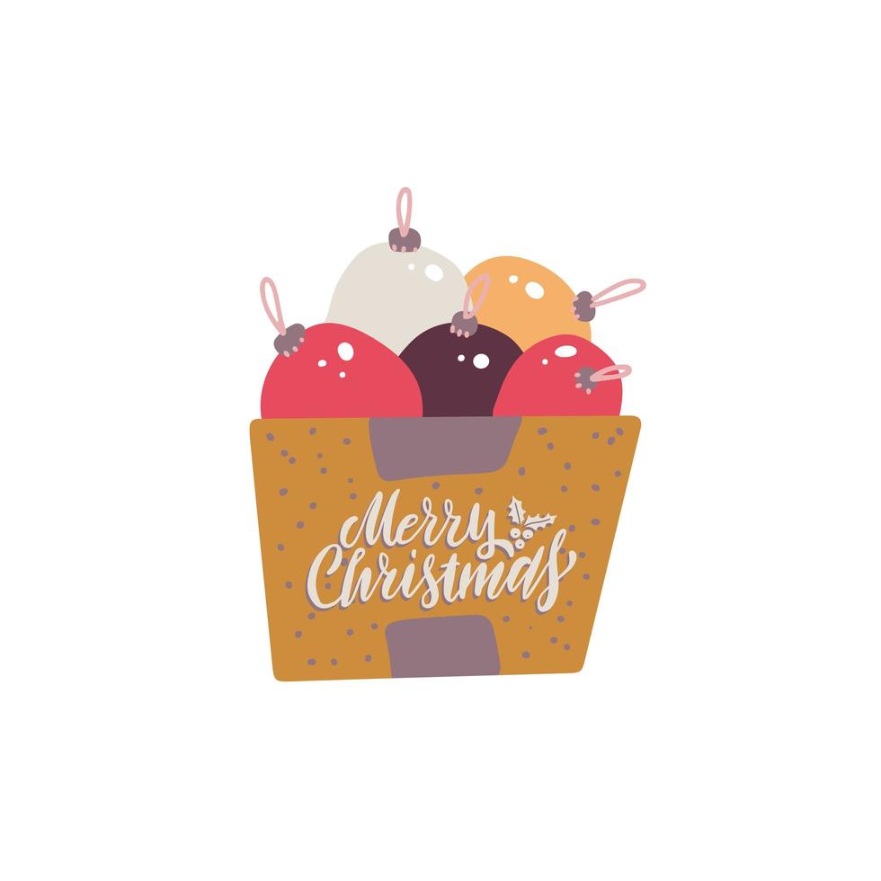 bolas de decoración de navidad en concepto de caja de cartón en estilo plano de dibujos animados coloridos. feliz navidad diseño de garabatos dibujados a mano para tarjetas de felicitación. vector