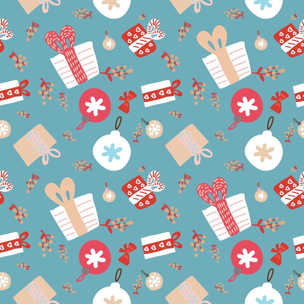 Christmas seamless pattern. Modern color doodle background with ornaments, snowflakes, balls, gift boxes, berries. Wrapping paper pattern. Red, yellow, blue and white hand drawn illustration. vector