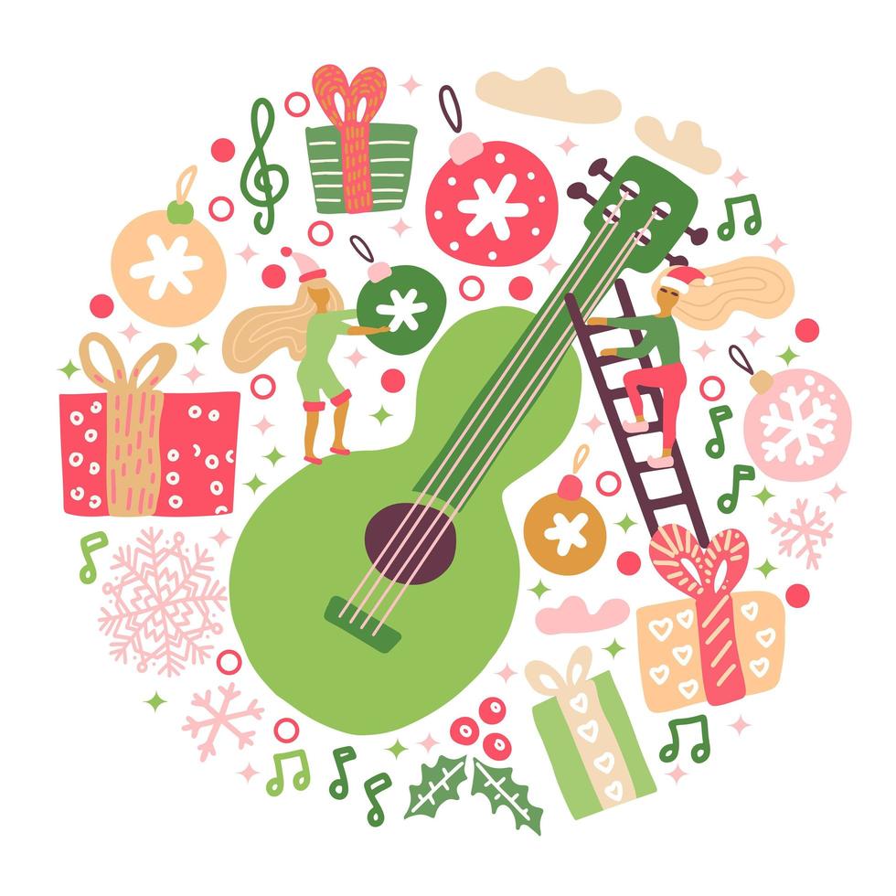 Round composition of acoustic guitar with Christmas decor and snowflakes. Misic festival vector background concept in doodle hand drawn colored style. Print with Huge guitar, gift boxes, little woman