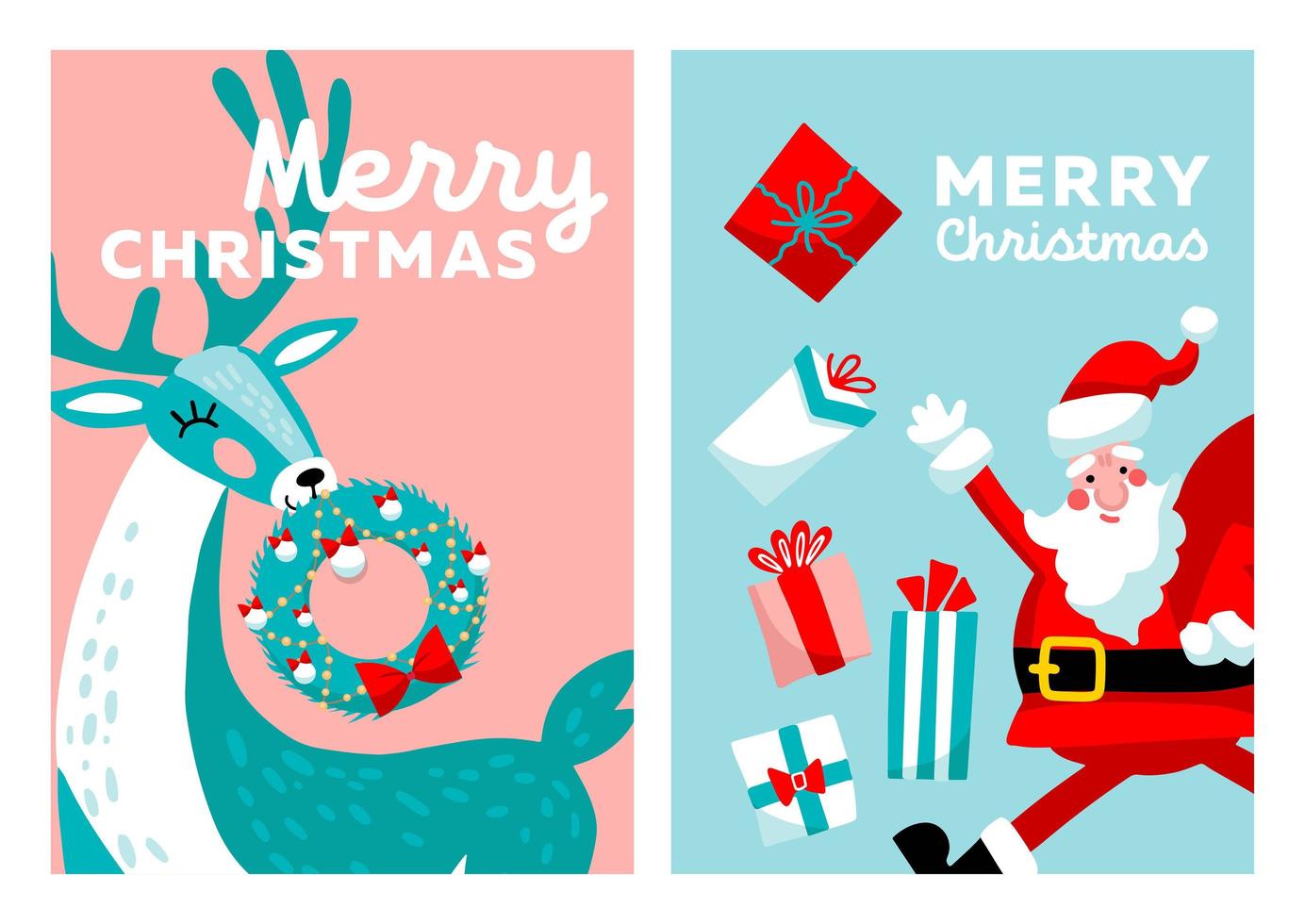 Merry Christmas greeting card set. Cartoon hand drawn Reindeer character with wreath and Santa Claus with gift boxes. vector