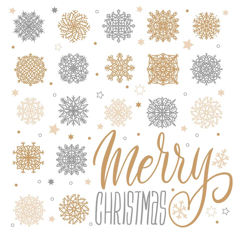 Merry Christmas square Background with Gold and Silver Snowflakes on White with brush lettering quote. Vector Illustration. Strict grid layout
