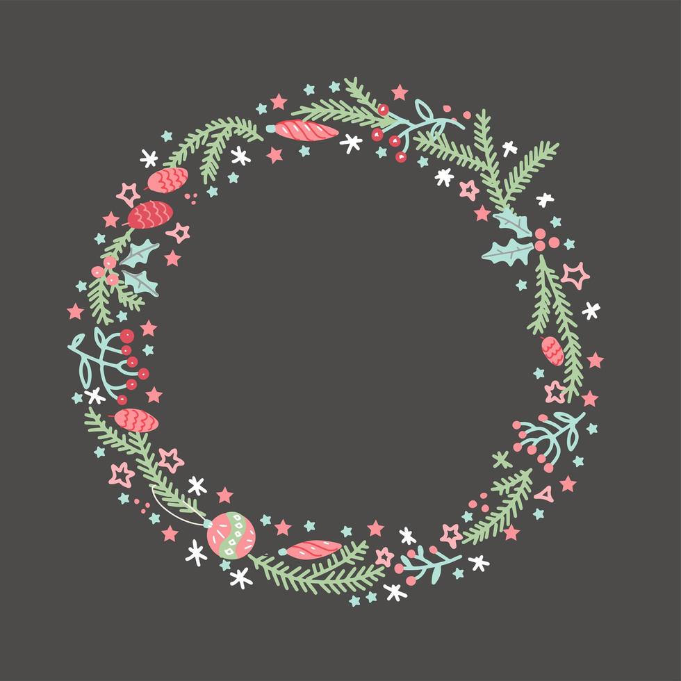 Hand drawn wreath with red berries and fir branches. Round frame for Christmas cards and winter design. Vector layout with copyspace on dark background