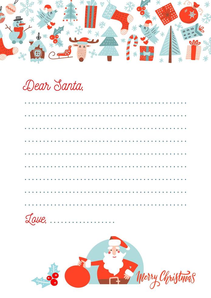 A4 Christmas letter to Santa Claus template. Decorated paper sheet with Santa character illustration and hand drawn pattern with xmas decor. vector